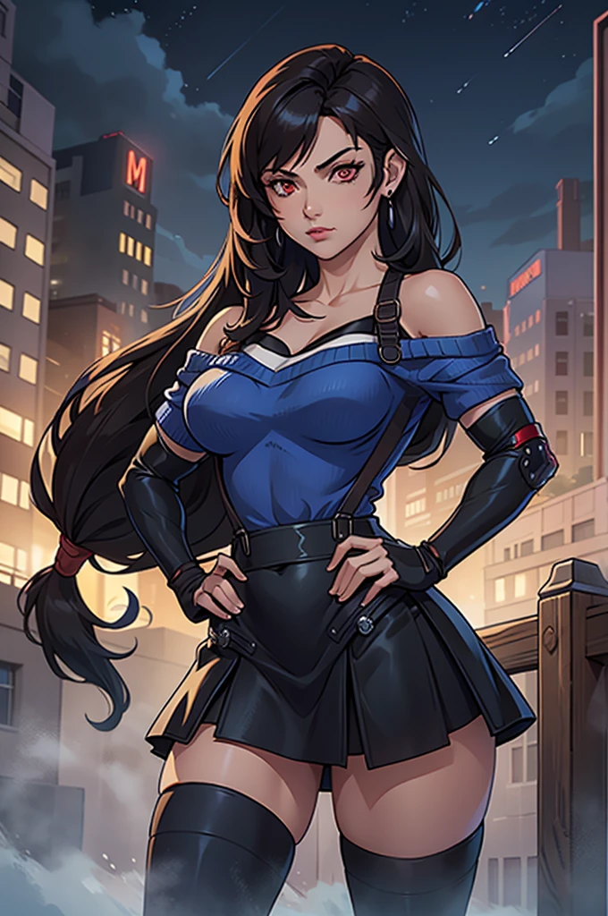 perfect eyes:1.2, detailed eyes:1.4, serious, hand on hip, night, city, metTifa, red eyes, low-tied long hair, earrings, cropped sweater, blue sweater, off-shoulder, short sleeves, suspender skirt, elbow gloves, armored legwear, medium full shot, thigh-level shot, 1girl,(masterpiece:1.6, best quality),