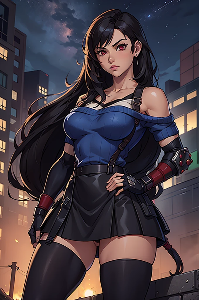 perfect eyes:1.2, detailed eyes:1.4, serious, hand on hip, night, city, metTifa, red eyes, low-tied long hair, earrings, cropped sweater, blue sweater, off-shoulder, short sleeves, suspender skirt, elbow gloves, armored legwear, medium full shot, thigh-level shot, 1girl,(masterpiece:1.6, best quality),