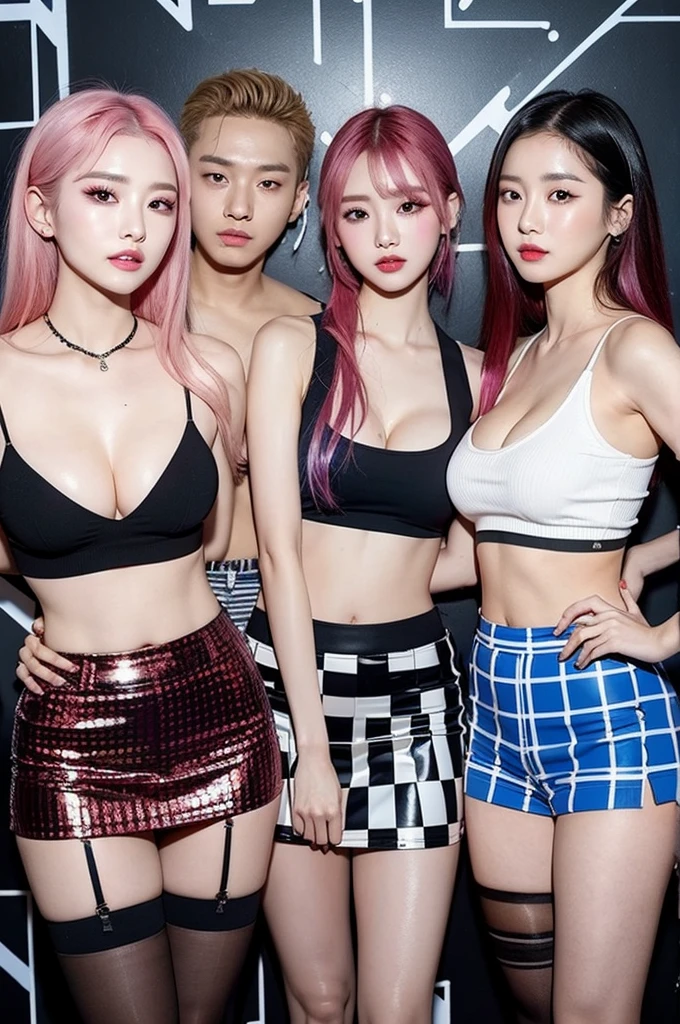 best quality, Clarity, 4k, 8k, detail, actual K-pop stars, ((group photo:1.5)), 5 K-pop superstars 22 year old ultra sexual angelic and incredibly gorgeous supermodel Girls standing together, (Korean makeup:1.3), Red lips, high quality hands, pink and blue hair, Perfect body, sexy thigh highs, seductive pose standing, FF cupped large breasts, glistening skin, Graffiti crop top, Deep cleavage, cute Checkered striped skirt, Solid graffiti wall background, Graffiti art