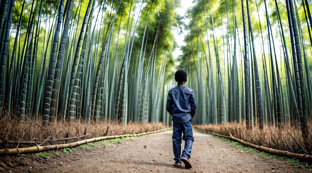 Image of a black male quilombola boy,  - wears a faded dark gray long-sleeved shirt - no pattern - short curly hair - wears faded matte red long pants - runs alone on the grass - does not wear shoes - bare feet - has his back to the camera alone inside the forest - a Blue morpho butterfly at his side - narrow bamboo forest floor