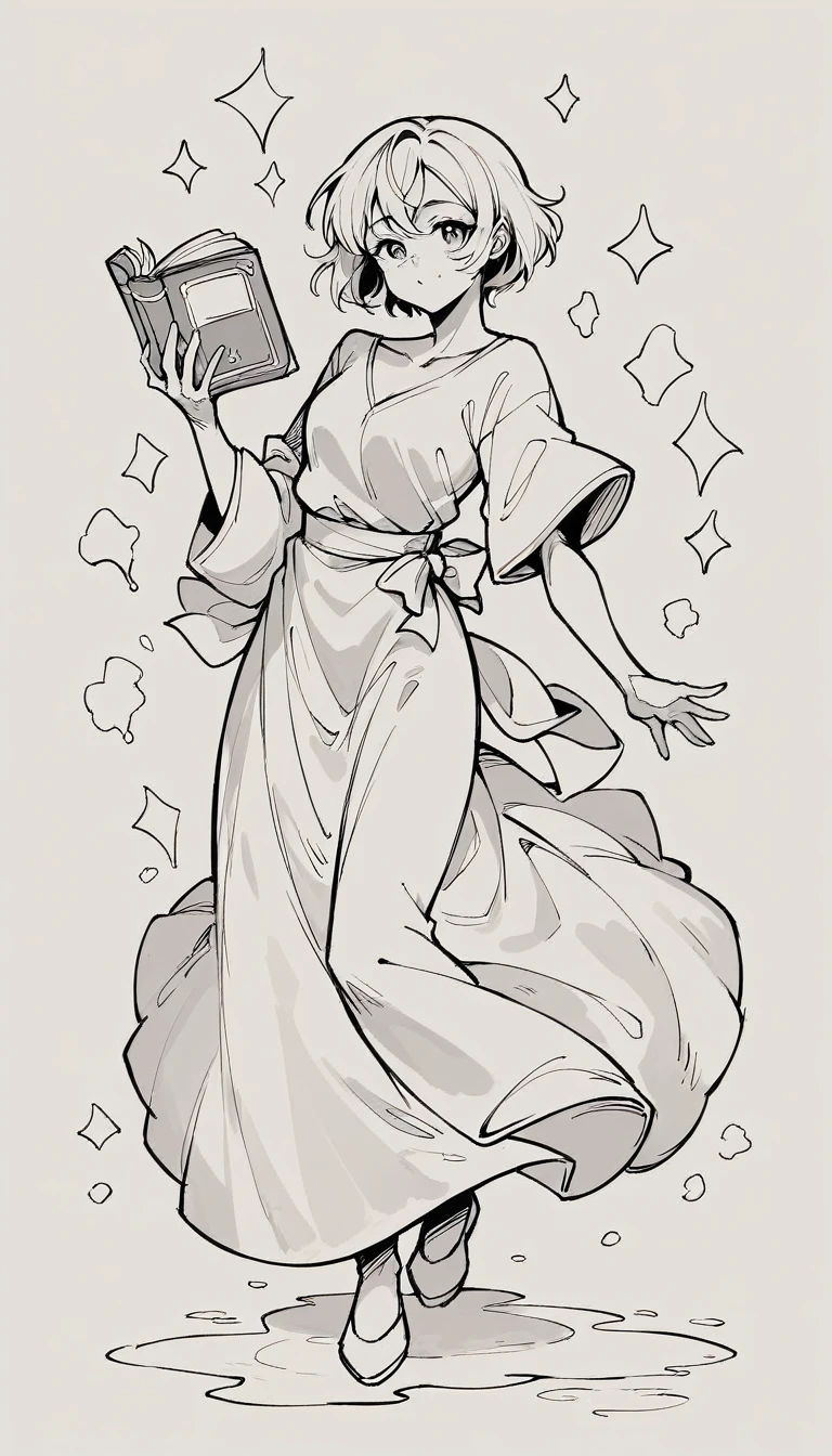 black and white, line art, no shading, full body, live2D character, short hair, cute, dancing, long dress, coloring book style, sketch,ink drawing, outlines