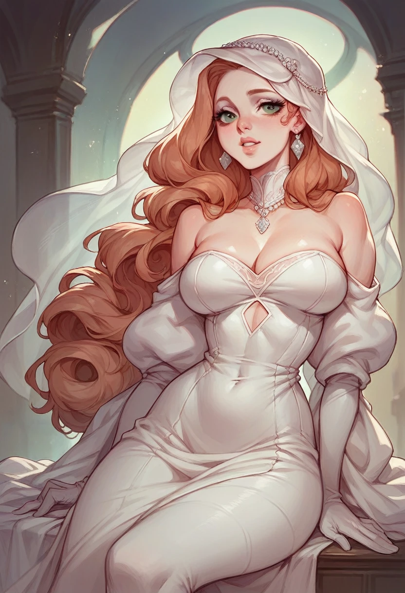a young woman, beautiful detailed eyes, beautiful detailed lips, extremely detailed eyes and face, long eyelashes, curvy figure, large breasts, wide hips, elegant pose, photorealistic, detailed skin texture, glowing skin, warm lighting, cinematic composition, dramatic lighting, vibrant colors, fantasy portrait, detailed fashion design, intricate jewelry, elegant hairstyle