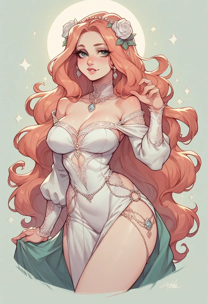 Sexy, Female, blue eyes, curly orange hair, demon, cleric, wearing blue, full body, white stockings, animated