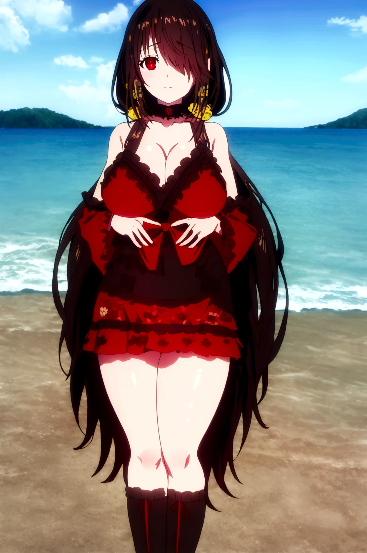 (masterpiece、top-quality、hight resolution)、 Real life adaption for this character, Masterpiece, high quality, best lighting, cinematic, 1girl, tokisaki kurumi, black hair, low twintails, ((right eye red, left eye yellow)), (kimono), (perfect body), (((big thigh))), looking at viewer, standing, outdoors, at the beach