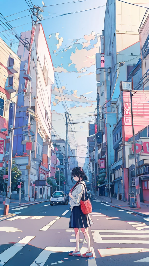 girl,Standing on a street corner in Tokyo