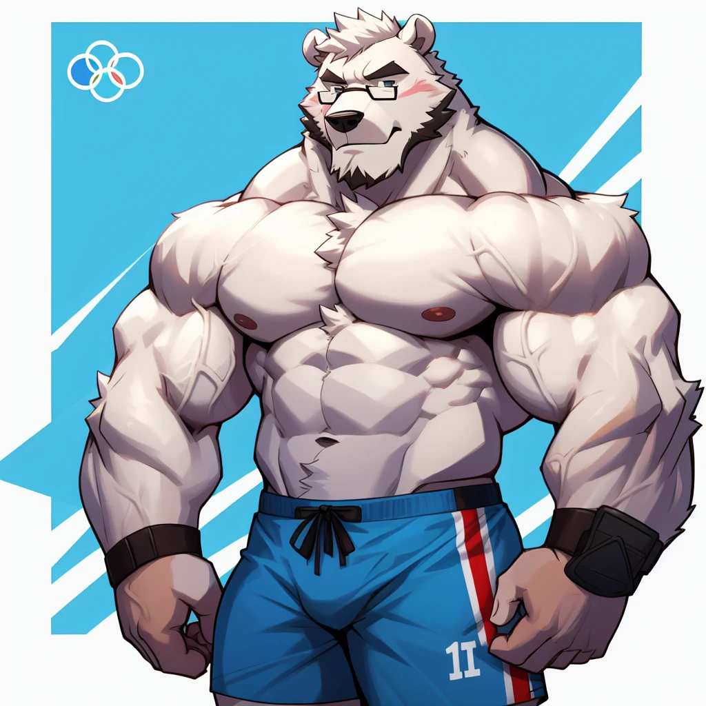 solo, 1boy, Huge Muscular White Polar Bear wearing glasses, huge white fur, pectoral, huge pectoral, wide pectoral, short white hair, blue colored short pants, blue colored wristbands andshirtless and topless, white bearded, white Mustache, white fur, Olympics background, masterpiece, high detailed, 8k, high resolution, at the tracks, being like Hercules and Zeus, very veiny body-built