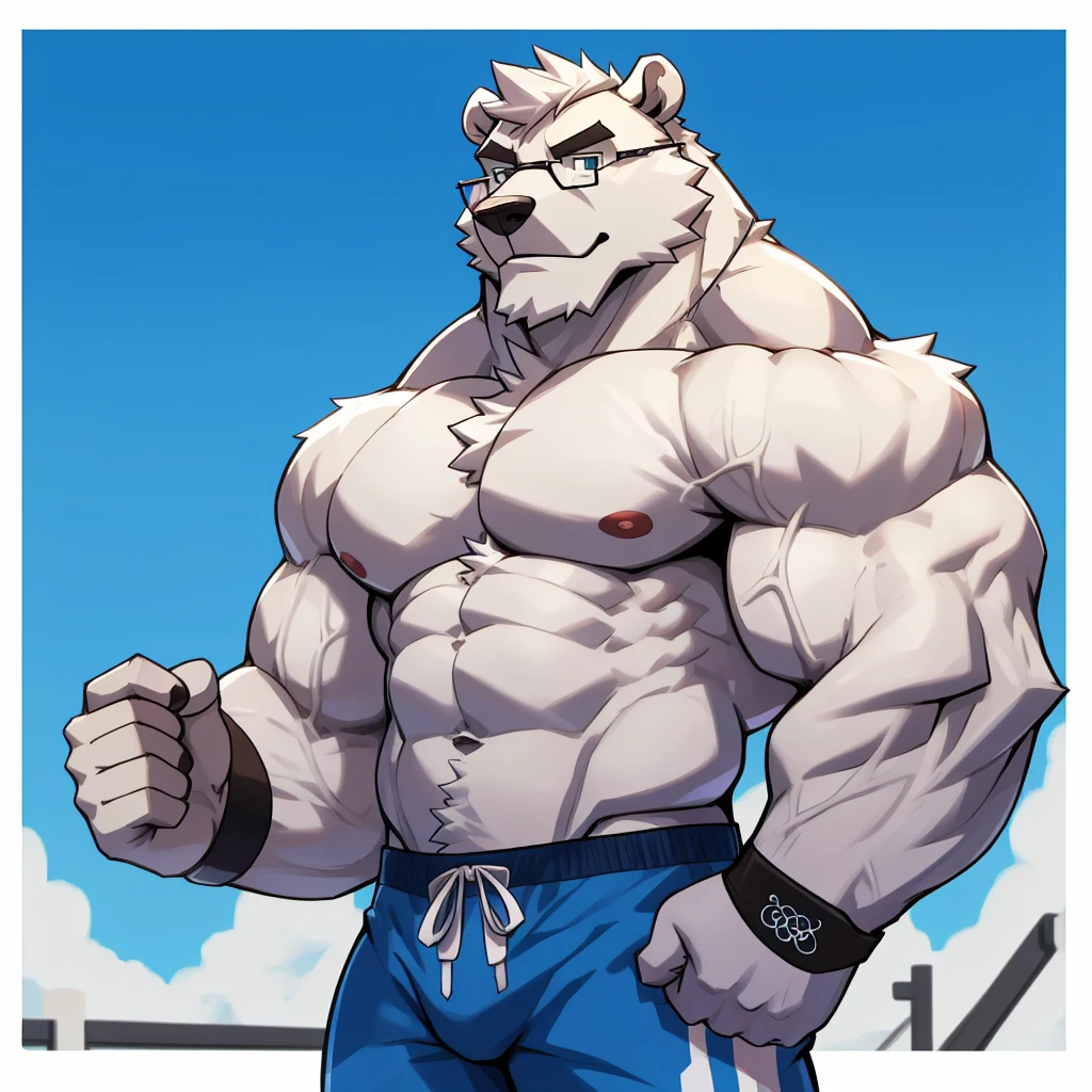 solo, 1boy, Huge Muscular White Polar Bear wearing glasses, huge white fur, pectoral, huge pectoral, wide pectoral, short white hair, blue colored short pants, blue colored wristbands andshirtless and topless, white bearded, white Mustache, white fur, Olympics background, masterpiece, high detailed, 8k, high resolution, at the tracks, being like Hercules and Zeus, very veiny body-built