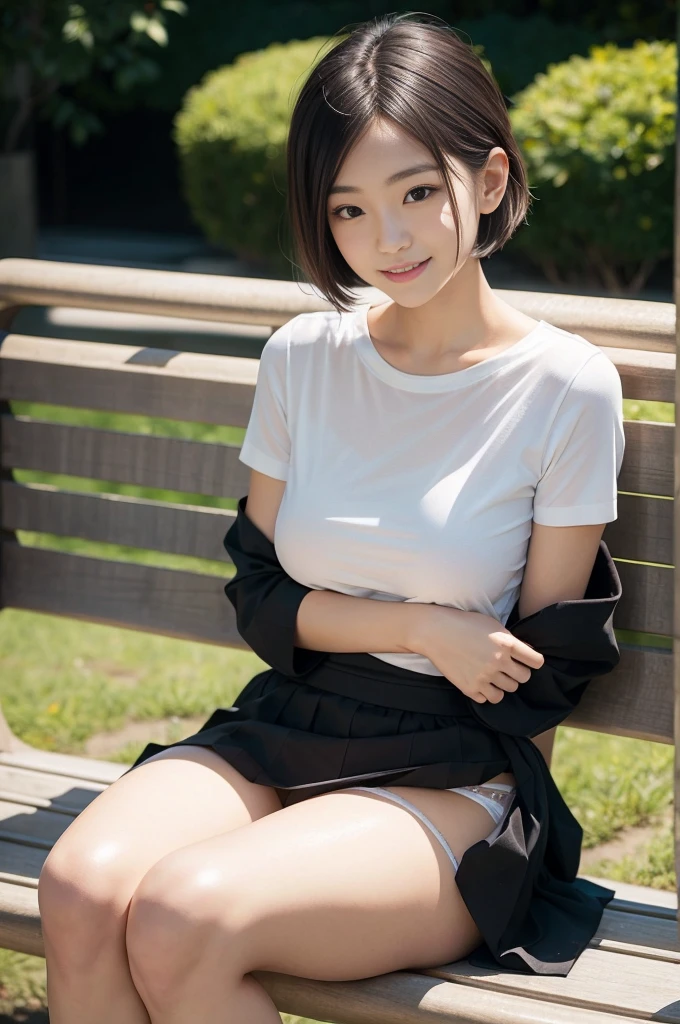 Pure Japanese school girl, sexual attractive, outstanding body, beautiful legs, shiny white skin, wearing loose uniform, panty, natural black short hairstyles, sweet smile, sitting on bench, refreshing in early summer morning, composition from the front, 