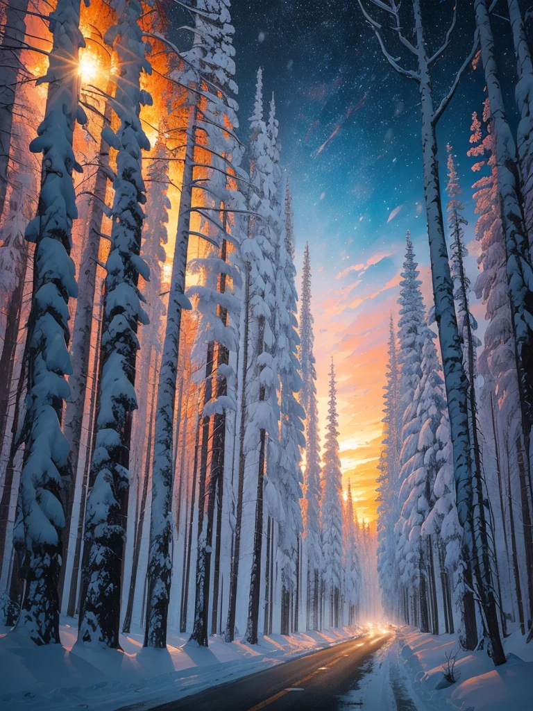 arafed road with snow and trees on both sides and a sunset in the background, fire and ice, by Cedric Peyravernay, icy road on a planet of lava, by Darek Zabrocki, by Muggur, snowy italian road, by Zoran Mušič, orange fire/blue ice duality!, by Maurice Esteve