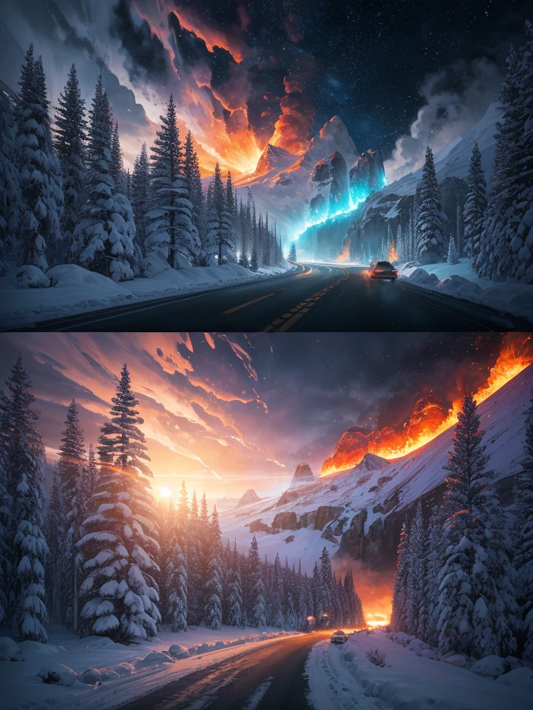 arafed road with snow and trees on both sides and a sunset in the background, fire and ice, by Cedric Peyravernay, icy road on a planet of lava, by Darek Zabrocki, by Muggur, snowy italian road, by Zoran Mušič, orange fire/blue ice duality!, by Maurice Esteve