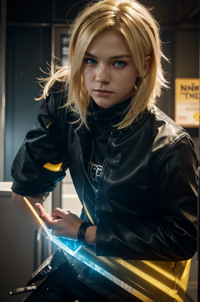 1boy,soft face,confident,young adult, simple clothes,wearing a black jacket, blue energy, ice, blizzard, (yellow color eyes), ((blonde hair)),short messy unkept hair, demon arm, devil trigger style arm, scaled arm, monster arm highest quality digital art, Stunning art, wallpaper 4k, highly detailed,BREAK, (anime style), epic, anime style, battlefield scenario, (digital art), masterpiece, 4K