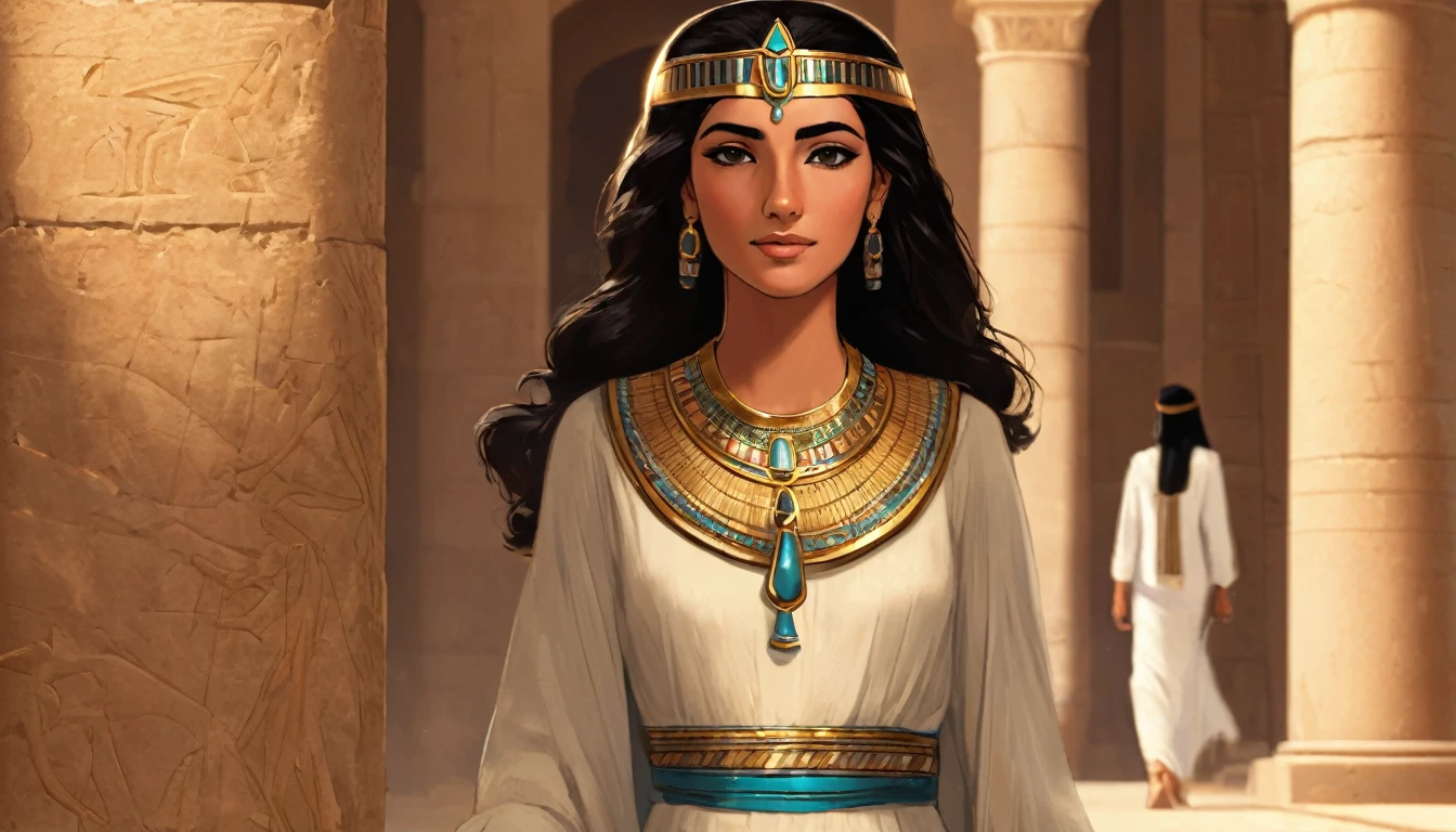 An Egyptian princess from anciant egypt , walking through a luxurious palacein in her late s or early twenties, with olive skin, dark hair, modest dress, long sleevs