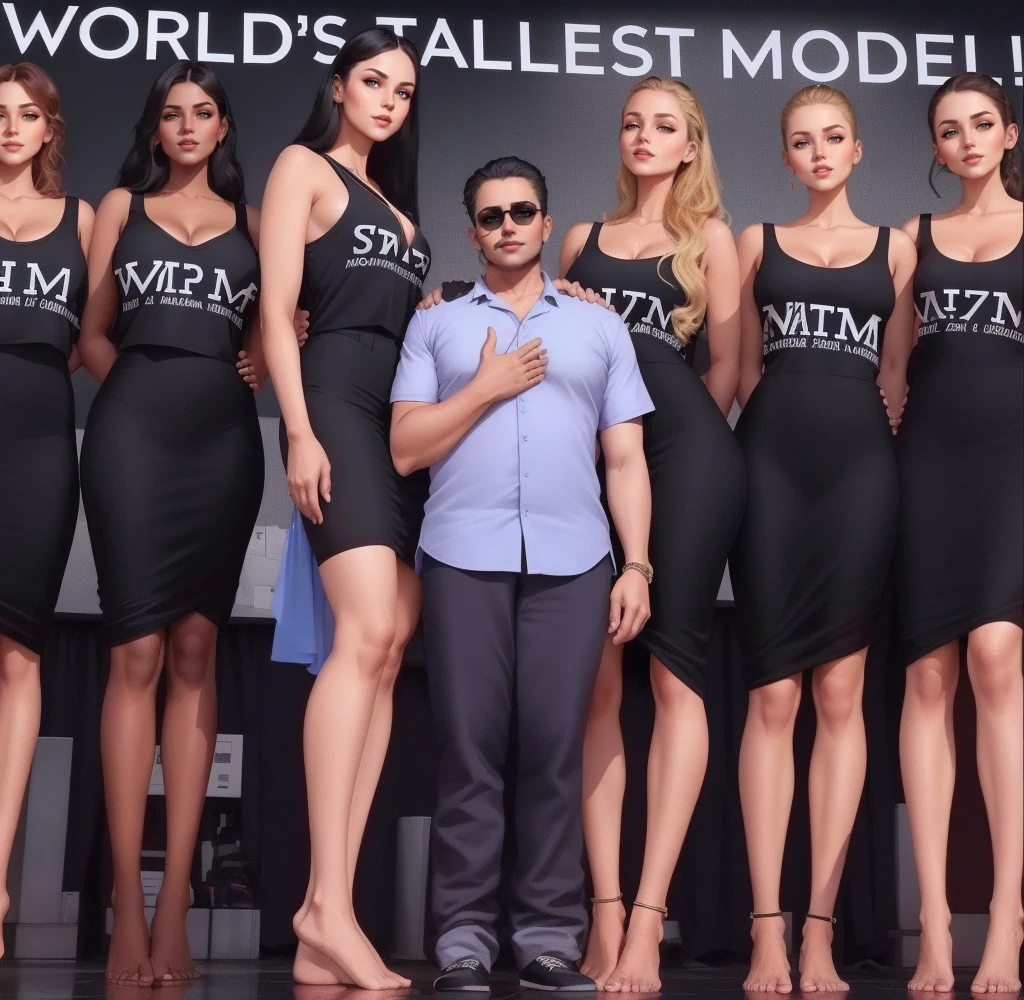 Three tall girls on the lfe left, three tall girls in the right, short man in the middle, the girls are much taller than the man, girls have big and cleavage, girls are wearing black, man is wearing blue shirt, girls are standing barefoot, man is wearing shoes,
