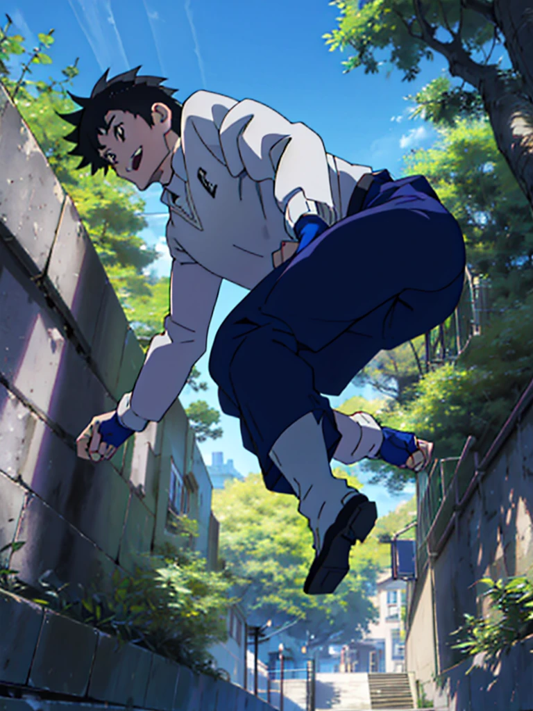 anime boy doing parkour en árboles, face forward in perspective. anime boy doing parkour, in a natural environment, jumping between trees, jumping and landing towards the camera, with the branches of a tree, front face, fast and very agile boy, happy and excited