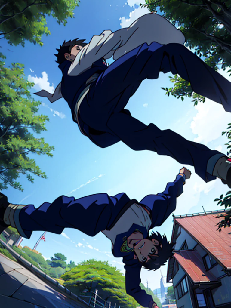 anime boy doing parkour en árboles, face forward in perspective. anime boy doing parkour, in a natural environment, jumping between trees, jumping and landing towards the camera, with the branches of a tree, front face, fast and very agile boy, happy and excited