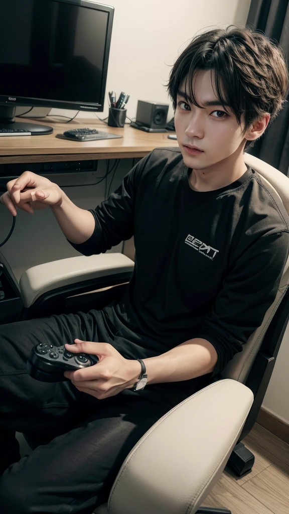 Man sitting on a gaming chair facing the camera. the same character