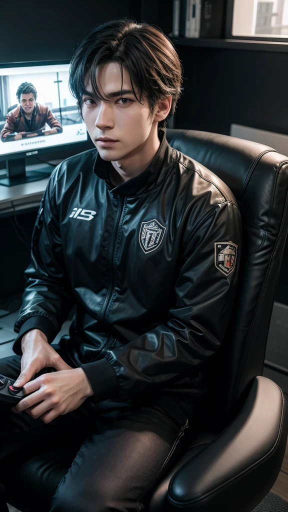 Man sitting on a gaming chair facing the camera. the same character 