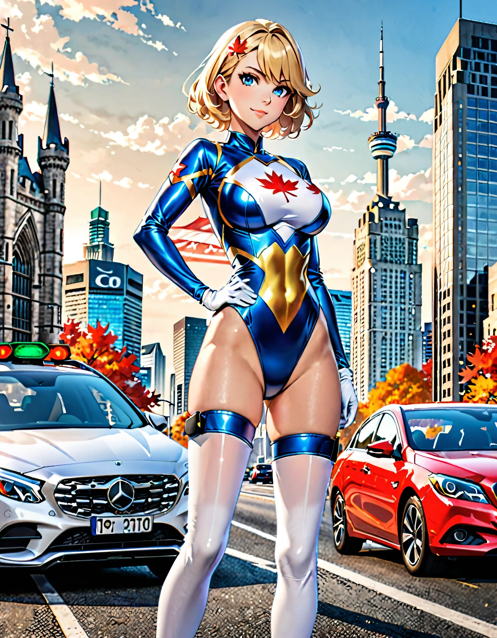 1girl, belt, blonde hair, blue eyes, breasts, building, city, 1girl, belt, blonde hair, blue eyes, breasts, bare lags, building, car, castle, city, cityscape, gloves, ground vehicle, hand on hip, looking at viewer, leotard, motor vehicle, outdoors, short hair, sky, skyscraper, solo, superhero, thighhighs, traffic light, white gloves, white boots, (white maple leaf (symbol) on chest). toronto backdrop, cowboy shot, full body costume design. superhero