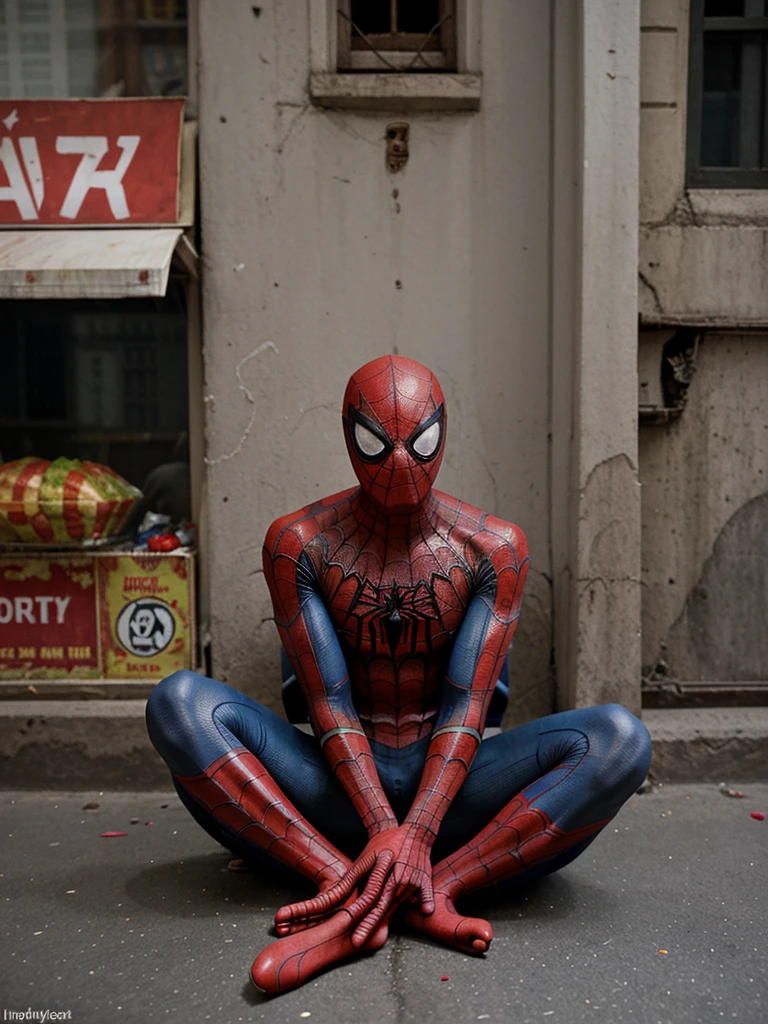 Spiderman sitting on Indian street 