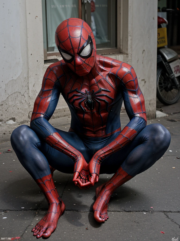 Spiderman sitting on Indian street 