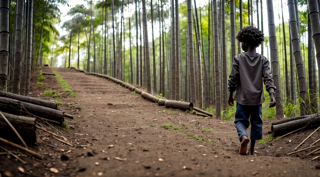 Image of a black male quilombola boy, 12 years old - wears a faded dark gray long-sleeved shirt - no print - short curly hair - wears faded matte red long pants - runs alone on the grass - does not wear shoes - bare feet - has his back to the camera alone inside the forest - narrow ground steps barefoot on the floor of the bamboo forest
