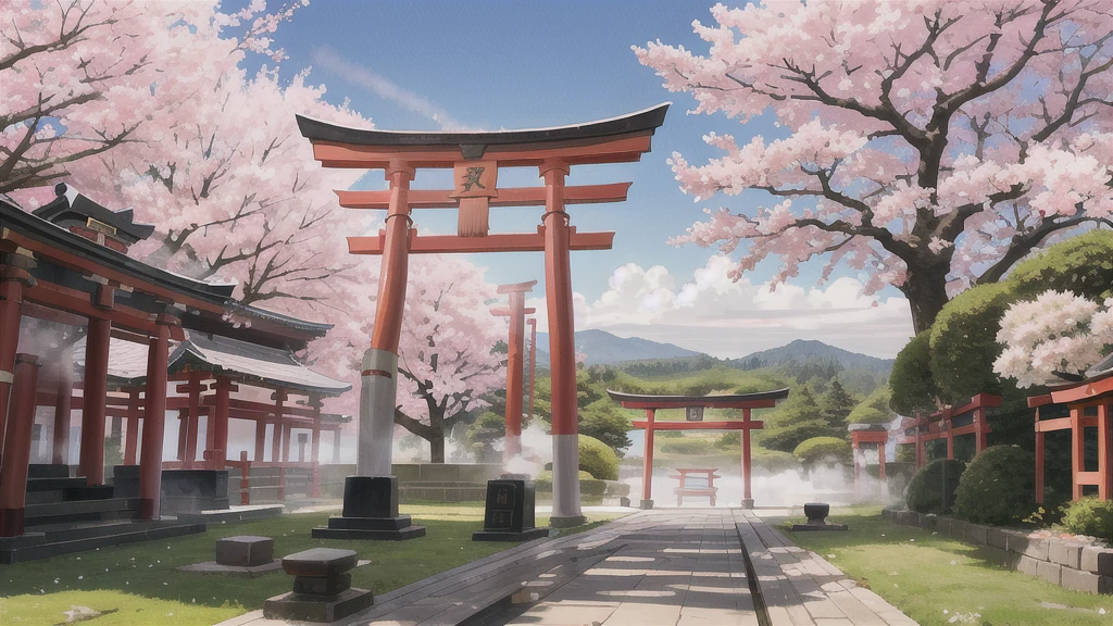 There is an open-air bath behind the shrine. Lots of steam, torii gate, cherry blossom tree, background only