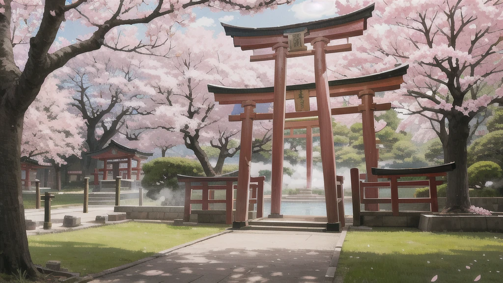 There is an open-air bath behind the shrine. Lots of steam, torii gate, cherry blossom tree, background only