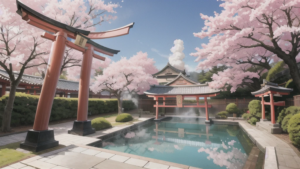 There is an open-air bath behind the shrine. Lots of steam, torii gate, cherry blossom tree, background only