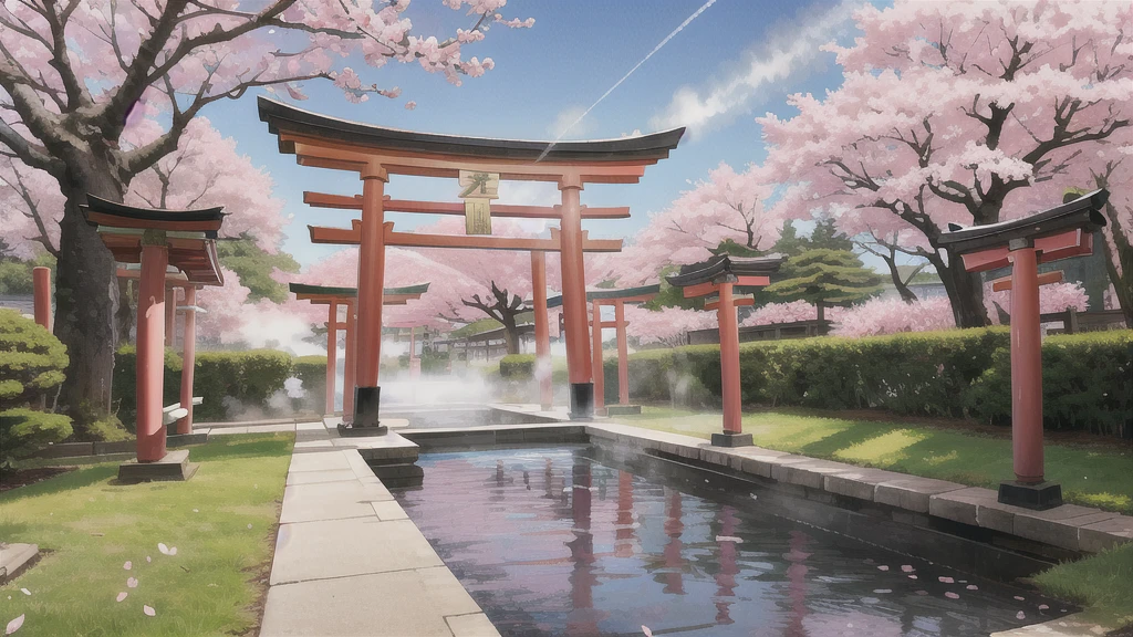 There is an open-air bath behind the shrine. Lots of steam, torii gate, cherry blossom tree, background only