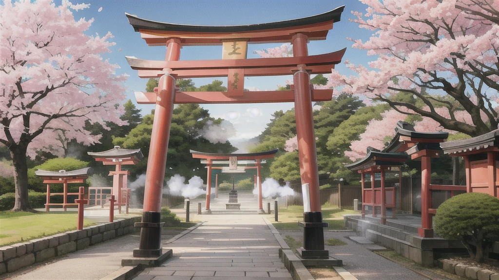 There is an open-air bath behind the shrine. Lots of steam, torii gate, cherry blossom tree, background only