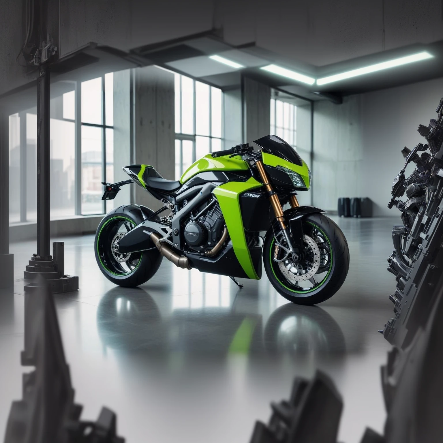 Cyberpunk style motorcycle, Black and neon color, It has a complex mechanical structure and luminescent parts. simple background, Lighting style: the street lights. Fancy words: mighty, lustrous, futurist, exposed chassis, Throne of Halo,Lifan V16Plus,the motorcycle
