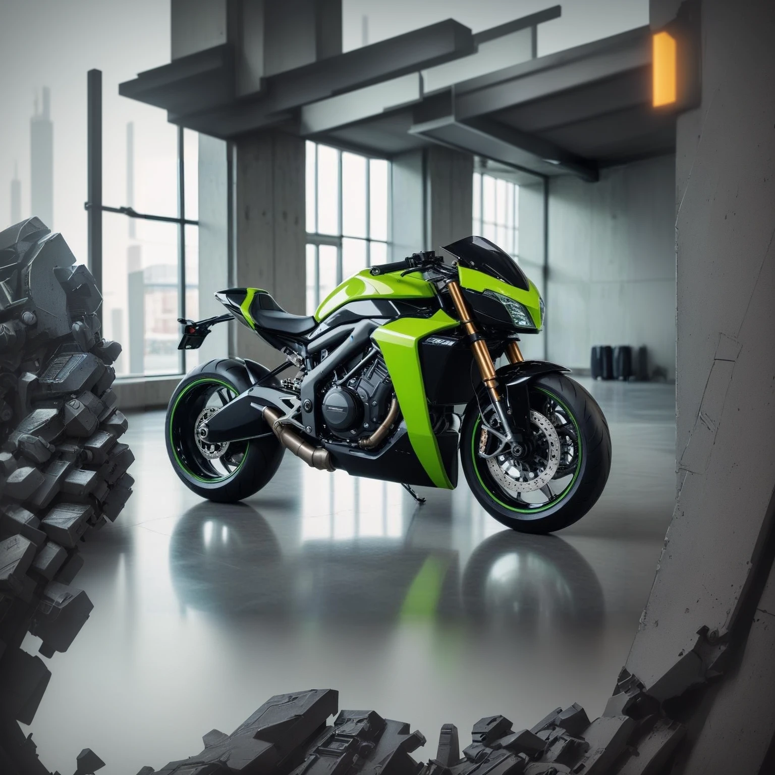 Cyberpunk style motorcycle, Black and neon color, It has a complex mechanical structure and luminescent parts. simple background, Lighting style: the street lights. Fancy words: mighty, lustrous, futurist, exposed chassis, Throne of Halo,Lifan V16Plus,the motorcycle
