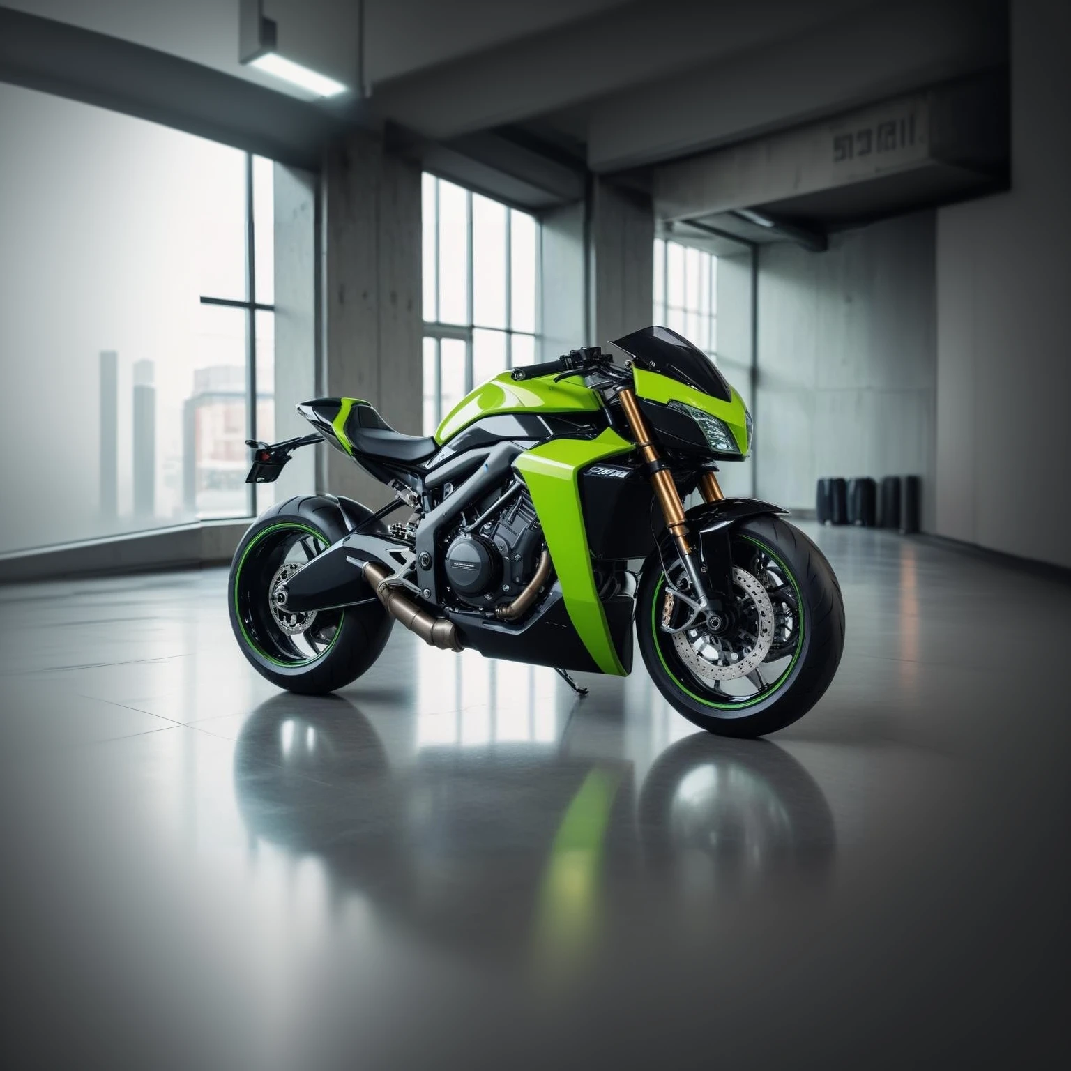 Cyberpunk style motorcycle, Black and neon color, It has a complex mechanical structure and luminescent parts. simple background, Lighting style: the street lights. Fancy words: mighty, lustrous, futurist, exposed chassis, Throne of Halo,Lifan V16Plus,the motorcycle