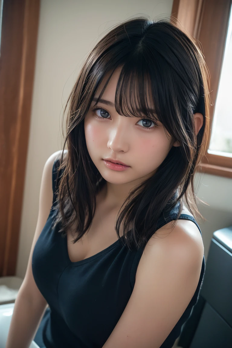 ((Upper Body:1.3)).Blown by the long wind [Blue-black:.3] hair,Looking at the audience, (Tabletop:1.3), (8K, Realistic, RAW Photos, Highest quality: 1.4), Japanese, (1 Girl), Beautiful Face, (Realistic face),{Wavy medium hair|Front hair long bob|short hair with long bangs}{Black hair|Brown hair|Blonde hair}, Beautiful hairstyle, Realistic eyes, Beautiful and beautiful eyes, (Realistic skin), Beautiful Skin, charm, Ultra-high resolution, Surreal, Very detailed, Golden Ratio,Female student peeing in the toilet、shame(Blushing:1.3),Upper Bodyは裸、Nipples sticking out