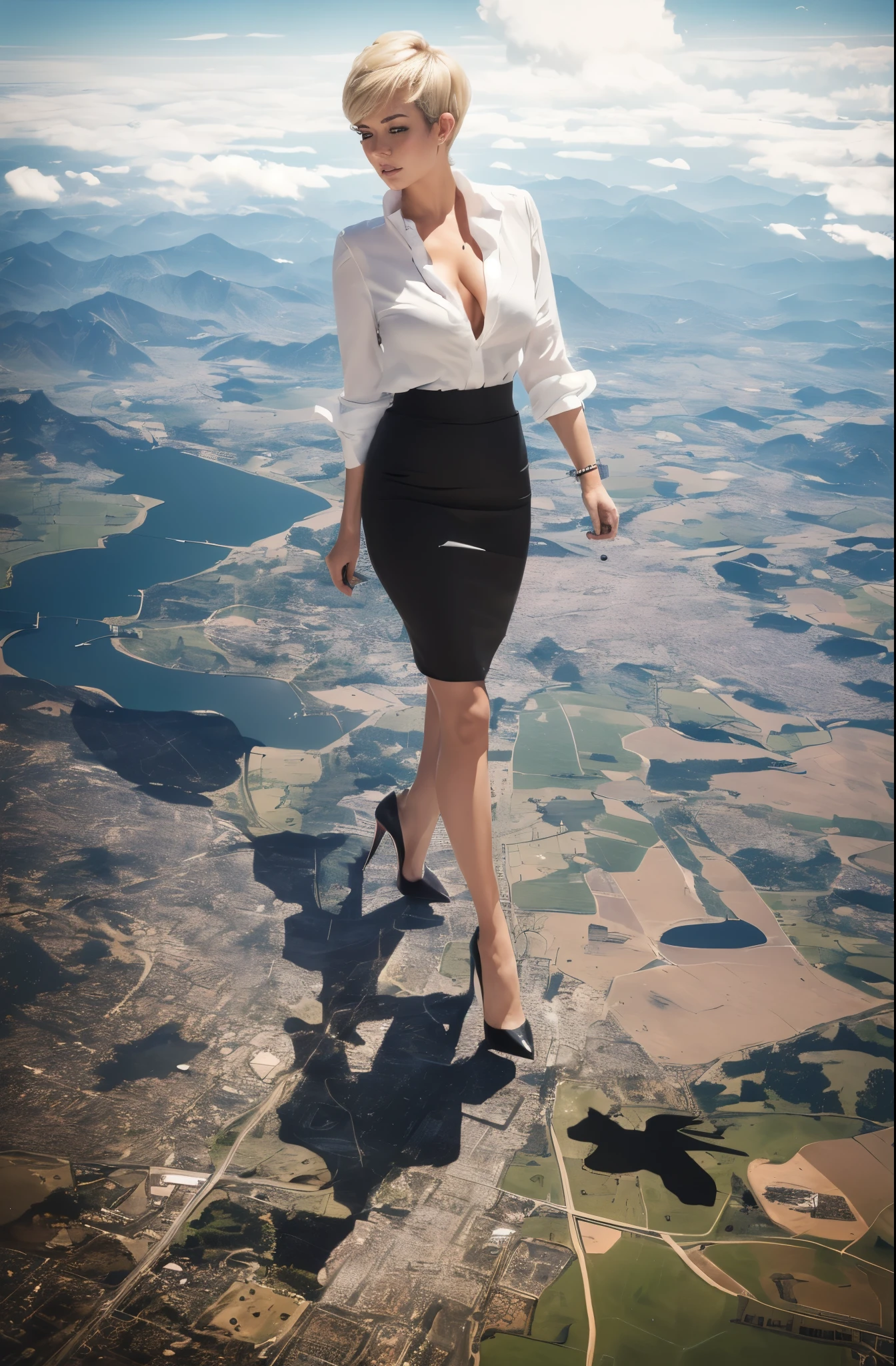 Lily Allen, (masterpiece, best quality, best shadows, best shading, perfect hands, perfect face, cinematic lighting, colorful, ultra-detailed, beautiful photography, character focus, extremely-detailed, photorealistic, hyper photorealism, atmospheric), (rural destruction:1.3), (giantess, stereotypical office worker), (dirty, filthy, unwashed, sweaty, unkempt, angry, tired, exhausted, annoyed), (walking, mid stride, stepping down on, stomping, crush, rampage), (black patent Louboutin pointed toe pumps, high heels, stiletto heels), ((revealing crisp white blouse, short black pencil skirt)), (short blonde pixie hair), (high altitude photography, satellite view), (exposed cleavage, heaving bosom, legs), (urban sprawl, farmland and small towns, destruction, buildings, roads), (cloudy, overcast, clouds and atmosphere partly obscuring the subject, hazy atmosphere, haze in foreground, wispy clouds)