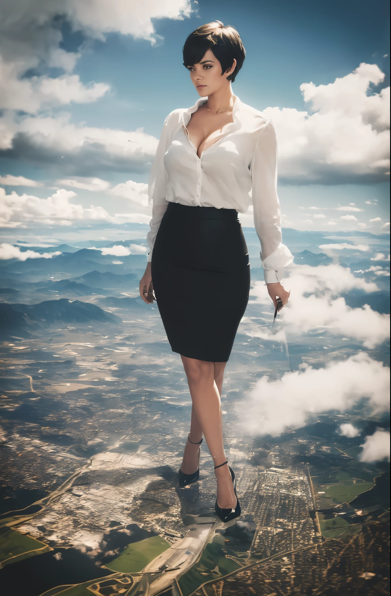 Lily Allen, (masterpiece, best quality, best shadows, best shading, perfect hands, perfect face, cinematic lighting, colorful, ultra-detailed, beautiful photography, character focus, extremely-detailed, photorealistic, hyper photorealism, atmospheric), (rural destruction:1.3), (giantess, stereotypical office worker), (dirty, filthy, unwashed, sweaty, unkempt, angry, tired, exhausted, annoyed), (walking, mid stride, stepping down on, stomping, crush, rampage), (black patent Louboutin pointed toe pumps, high heels, stiletto heels), ((revealing crisp white blouse, short black pencil skirt)), (short blonde pixie hair), (high altitude photography, satellite view), (exposed cleavage, heaving bosom, legs), (urban sprawl, farmland and small towns, destruction, buildings, roads), (cloudy, overcast, clouds and atmosphere partly obscuring the subject, hazy atmosphere, haze in foreground, wispy clouds)