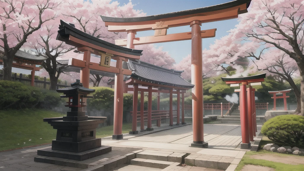 There is an open-air bath behind the shrine. Lots of steam, torii gate, cherry blossom tree, background only