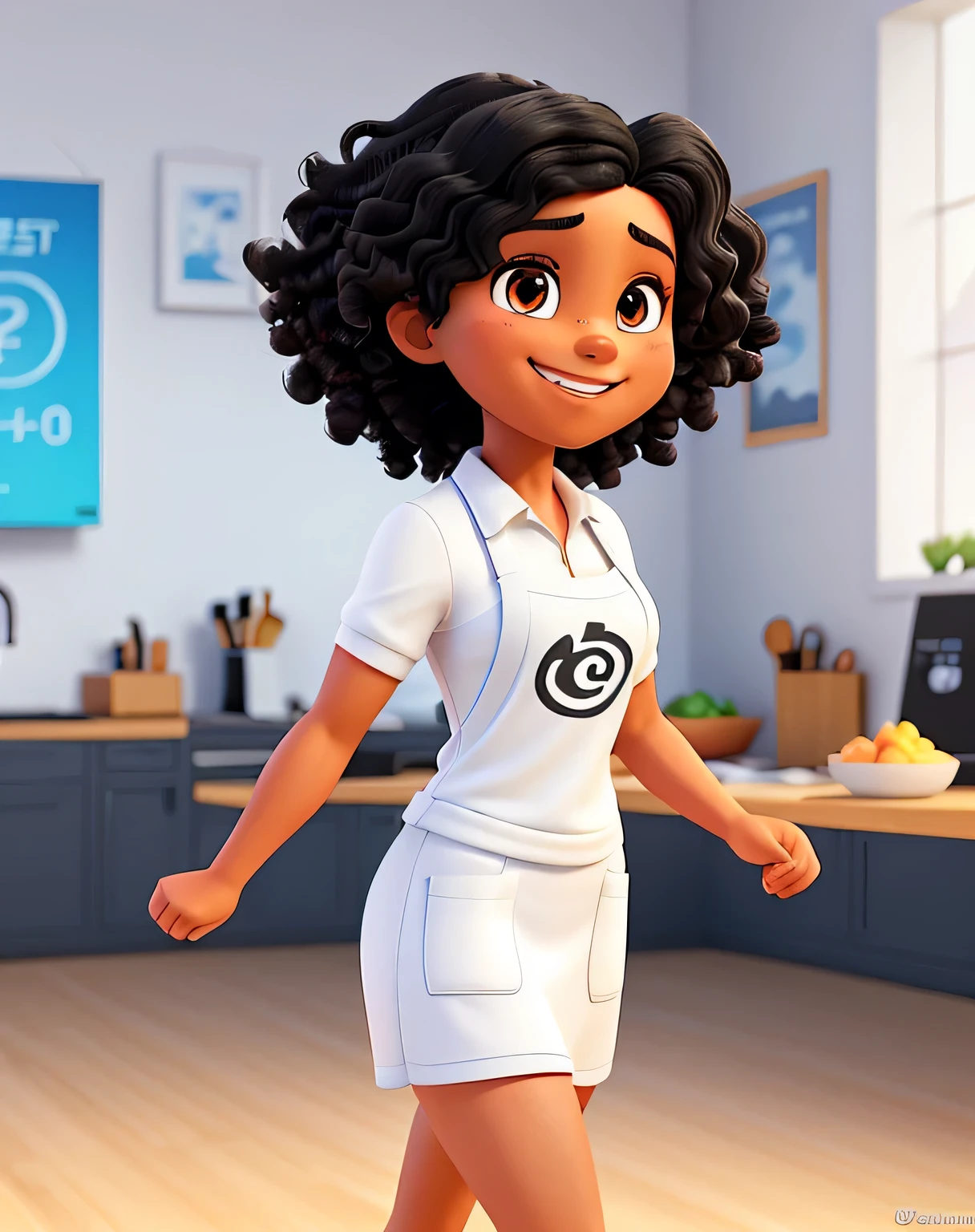 A 35-year-old woman with fair skin and slightly curly black hair, radiating a genuine smile, is posed against a pristine white background. Clad in a crisp white fitness outfit, complete with a red apron, the woman showcases her muscular physique, a testament to her dedication to fitness. This captivating image, reminiscent of a humorous meme, is entitled "The Fitness Meme." The high-quality, detailed digital art boasts sharp focus, vibrant colors, and a cinematic lighting effect that adds depth and realism to the scene. Eyeing the camera, enjoy this masterpiece of cartoon digital painting, meticulously crafted using the Anime style.