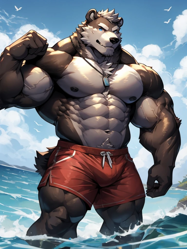One tall Polar Bear with big muscular body shirtless and topless with light blue shorts and a dog tag on his neck, veiny, flexing very hard