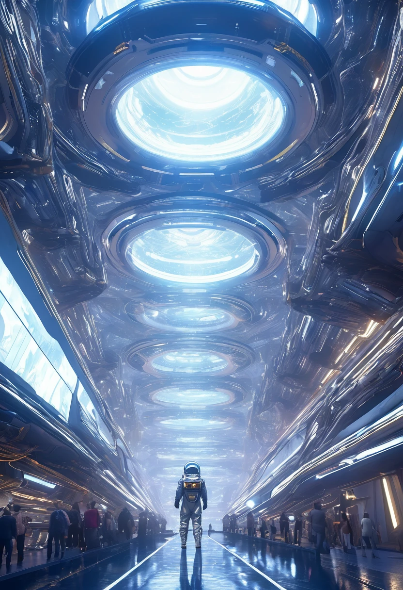 (Best Quality, 4k, ultra detailed, high resolution, Masterpiece: 1.2),(wide angle, Character in the distance on a futuristic building:1.5), There is a character seen from afar, located on a high observation point:1.4. It is small compared to the surroundings., highlighting the magnitude of the ship. The character is equipped with a space suit:1.5, with flashing lights and mechanical details.view of outer space: Through the ship&#39;s openings, you see a vast starry space. The stars are unevenly distributed., creating variable densities and suggesting the remoteness of some celestial objects.