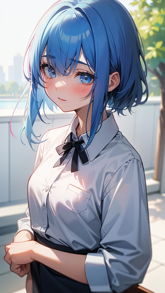 1girl, rating:safe, solo, ribbon, blue_hair, upper_body, one_eye_closed, blush, camisa_abierta, pechos_al_aire