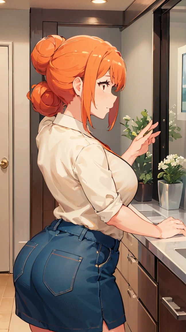 (Highest quality, 8K, masterpiece :1.3),Mrs. Yuigahama,ガハMom, As I expected, my youth romantic comedy is wrong。, One woman,Bun Hair,30 years old,Mom,Orange Hair,nsfw,Plump body,Big Ass