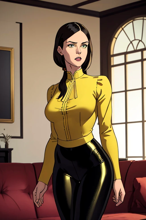 (masterpiece, top quality, best quality, official art, beautiful and aesthetic:1.2), (Detailed face:1.2), (Detailed eyes:1.2), (Hourglass figure:1.2), (1girl:1.3), (gorgeous face), extremely detailed, portrait, looking at viewer, solo, (full body:0.6), (Hourglass figure:1.2), beautiful middle-aged woman, 36-years-old, tan olive skin, short blonde hair, pony tail hair style, green eyes, approximately 5'2" tall, ((Wearing a yellow blouse and shiny black leggings)), standing in the middle of the living room, couch, TV, carpet, relaxed atmosphere, cinematic lighting, detailed background,