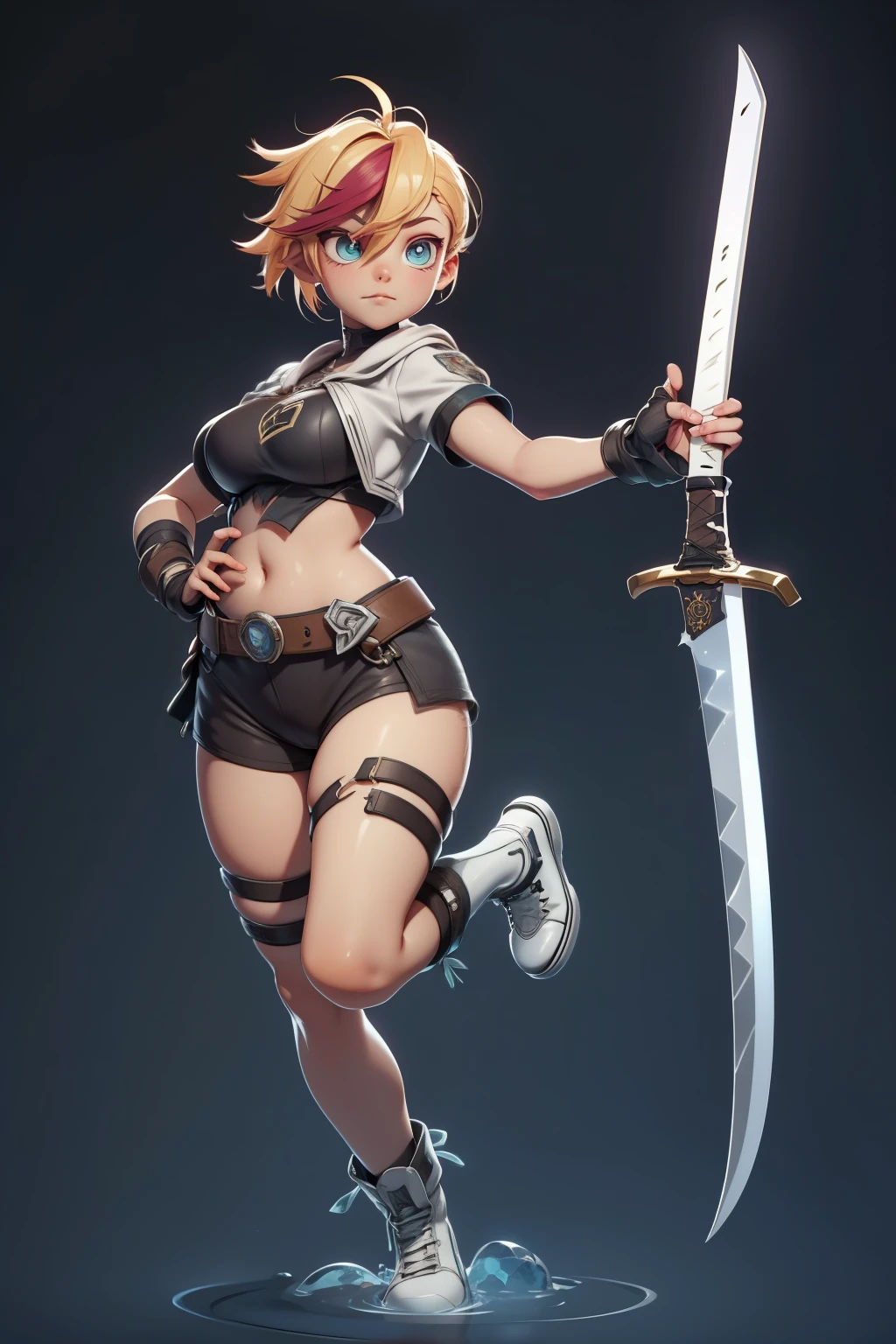Mini cammy, (cammy), solo, ray tracing, 3D style, 3DMM, ((3 poses per photo)), ((3 poses ouch cada foto)), fully body,(Front view),(Costas Issue), (Emist on the left), show flat belly, (((3 poses per photo))),(very big tits), perfect tummy, perfect and symmetrical eyes, (perfect hands), ((Futuristic sword in hand)), ((short hair)),((Open wizard clothes)),white clothing with textured edges, skin fair, luouchas detalhadas, White thigh-high tights with trim, ouchestido aberto ouch "ouch", Waist slender, big legs, low water, Show legs to the top of the waist, (broken fabric falling over the legs),((open top)),ultra realistic skin, realistic human eyes