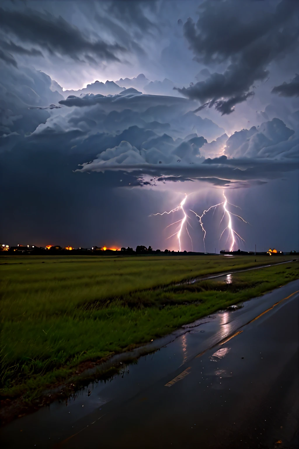 A dark, stormy evening. Thunder rumbles in the distance, and lightning occasionally illuminates the somber landscape. The rain pours heavily, creating an almost constant background noise of water hitting various surfaces.

