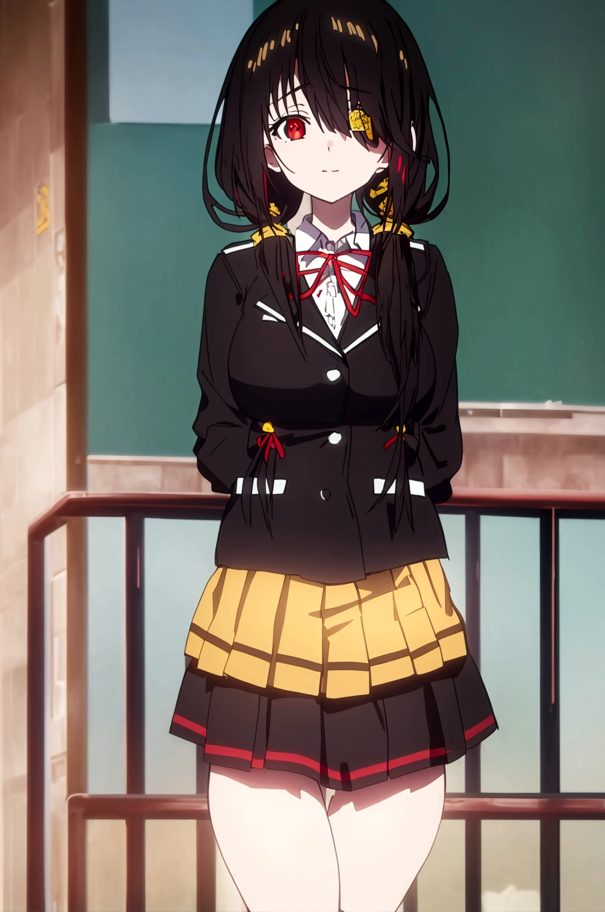 (masterpiece、top-quality、hight resolution)、 Real life adaption for this character, Masterpiece, high quality, best lighting, cinematic, 1girl, tokisaki kurumi, black hair, low twintails, ((right eye red, left eye yellow)), (school uniform), (perfect body), (((big thigh))), looking at viewer, standing, outdoors, at the beach