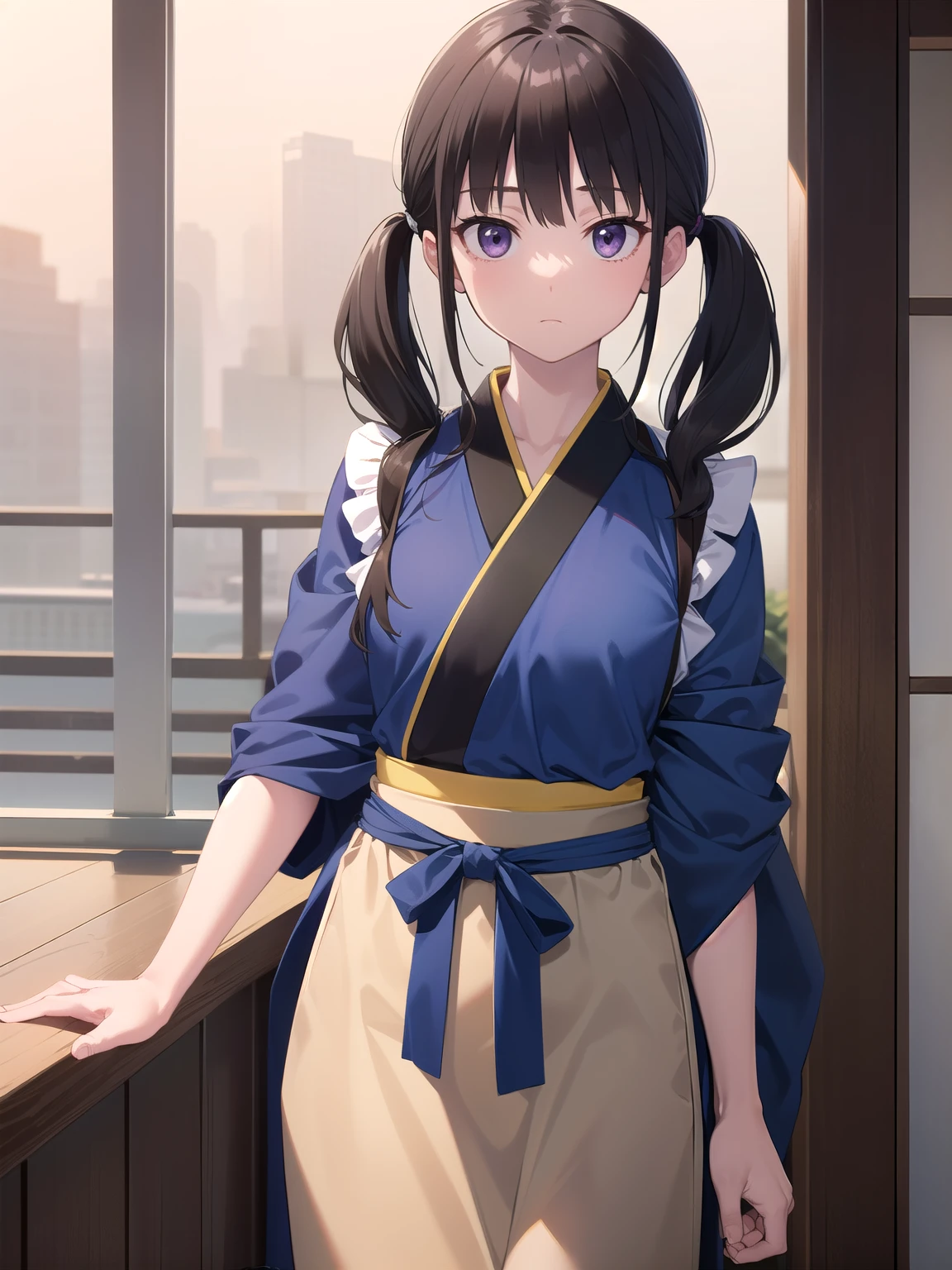 Takiuchikami, Check it out, Long Hair, bangs, Twin tails, Black Hair, (Purple eyes:1.2),
break japanese clothes, kimono, apron, waist apron, blue kimono, waitress,
break looking at viewer, (Cowboy Shot:1.5),
break indoors, Cafe,
break (masterpiece:1.2), Highest quality, High resolution, unity 8k wallpaper, (figure:0.8), (Beautiful attention to detail:1.6), Highly detailed face, Perfect lighting, Highly detailed CG, (Perfect hands, Perfect Anatomy),