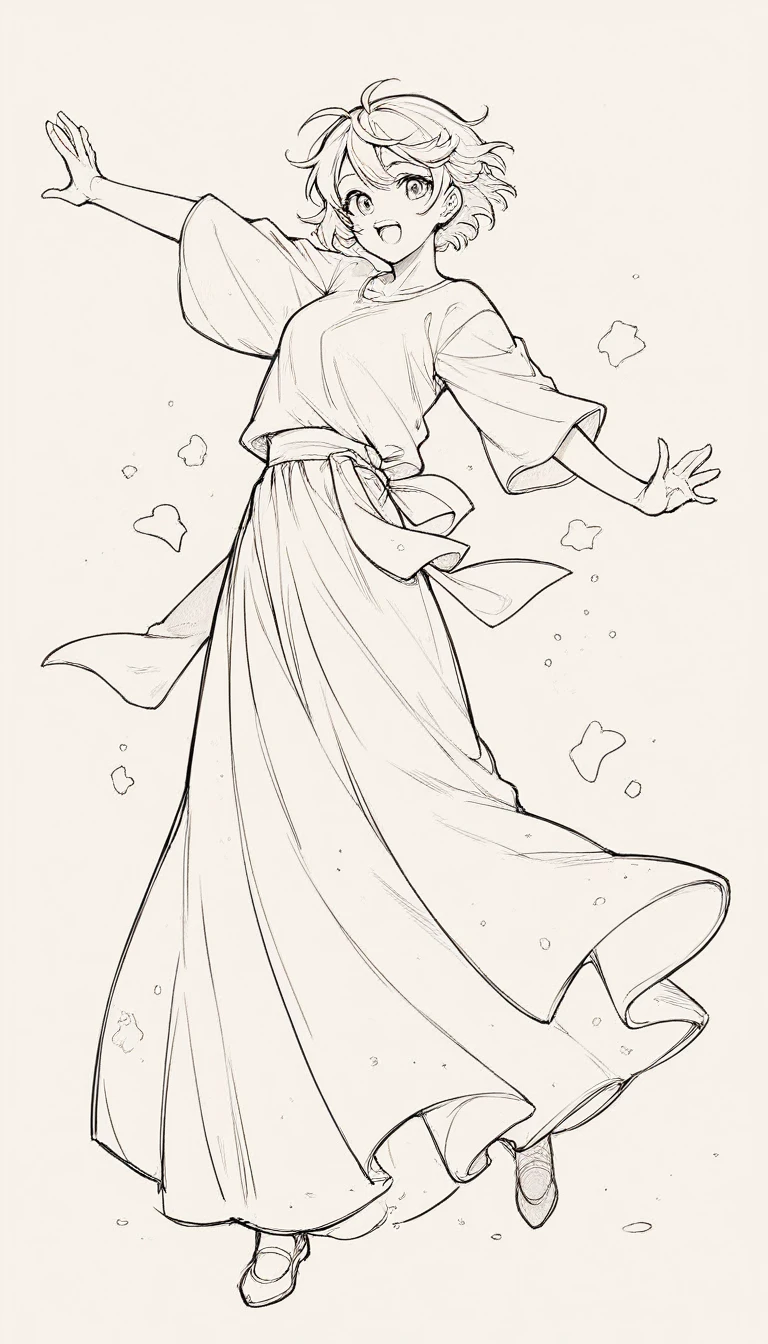 black and white, line art, no shading, full body, live2D character, short hair, cute, dancing, long dress, coloring book style, sketch,ink drawing, outlines
