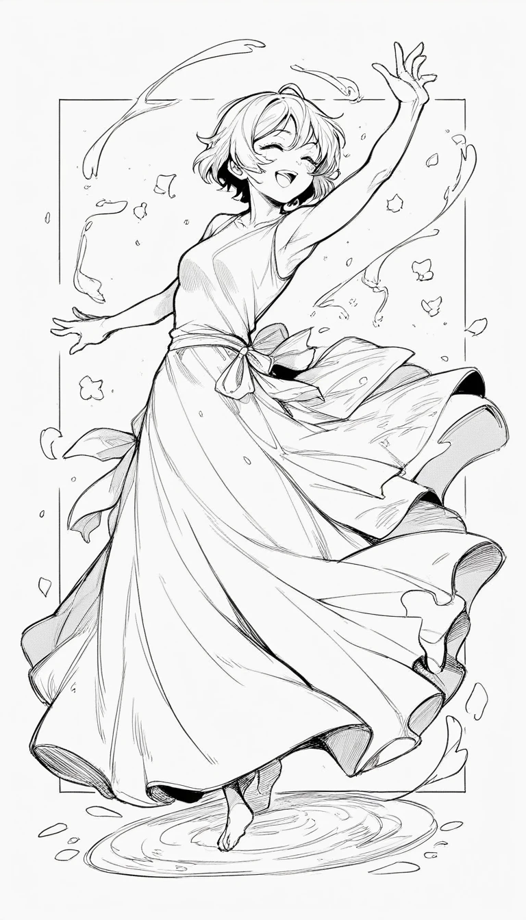 black and white, line art, no shading, full body, live2D character, short hair, cute, dancing, long dress, coloring book style, sketch,ink drawing, outlines