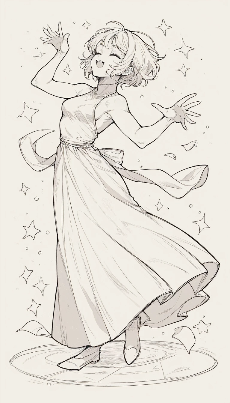 black and white, line art, no shading, full body, live2D character, short hair, cute, dancing, long dress, coloring book style, sketch,ink drawing, outlines